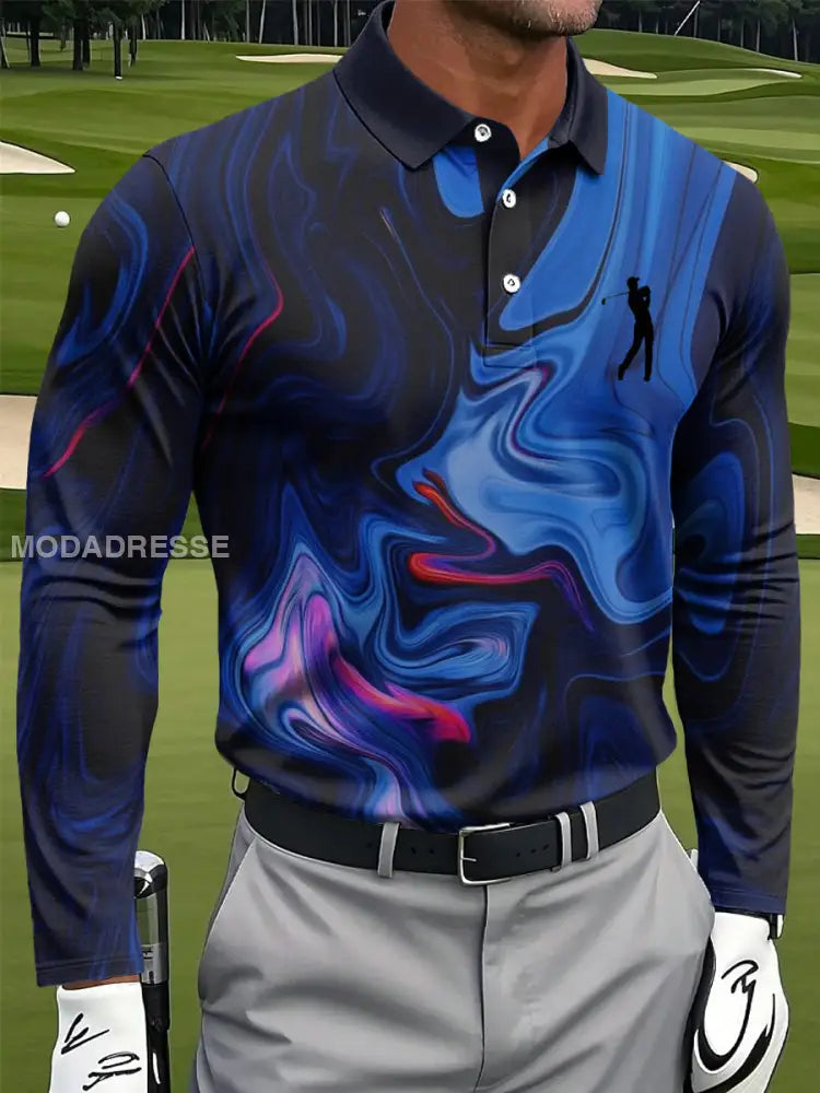 Mäns Retro Marble Textur Konst Skriv ut Casual Business Långärmad Polo tröj S