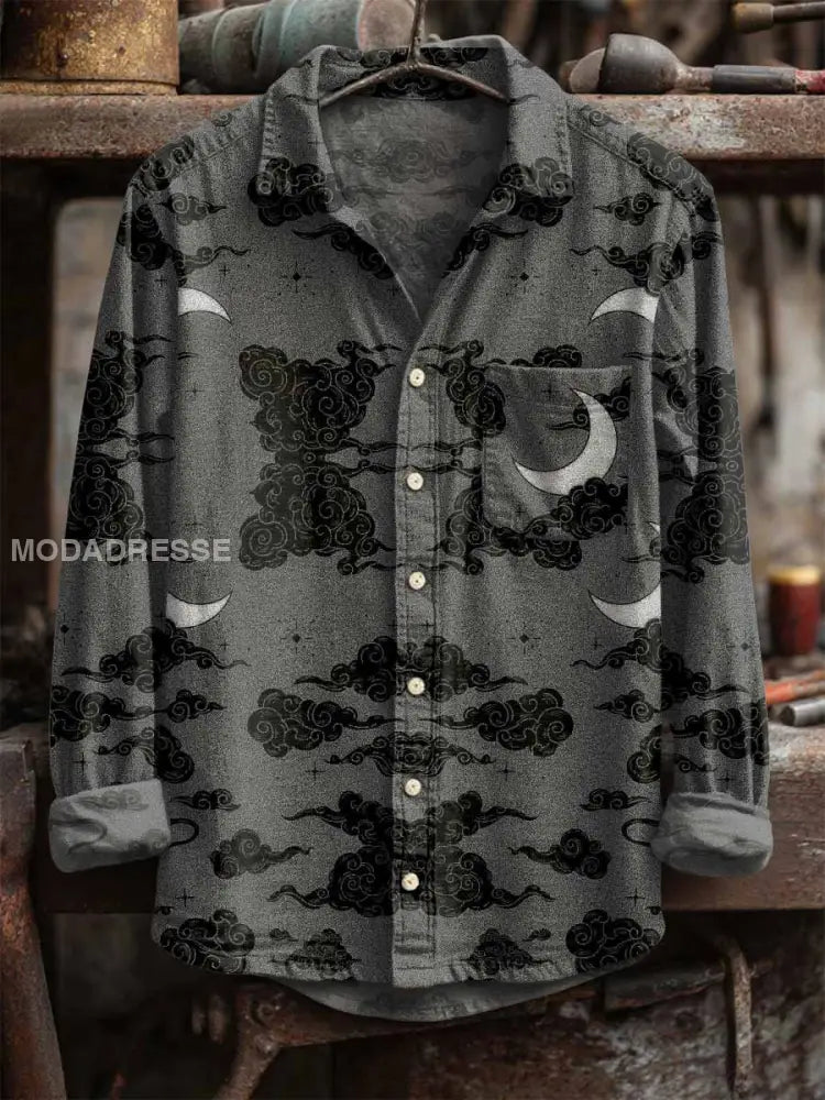 Mäns Retro Moon Print Lång ärm skjjorta som bild / S
