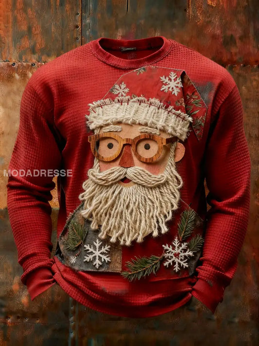 Mäns Retro Santa Claus Print Våffle Lång ärm T-shirt röd / S