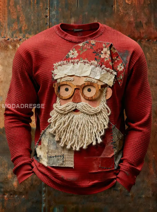 Mäns Retro Santa Claus Print Våffle Lång ärm T-shirt röd / S