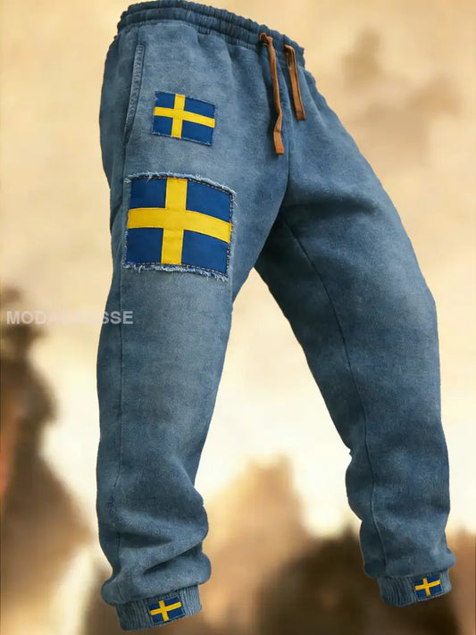 Mäns Retro Svenska flaggbricka Casual Byxor blå / S