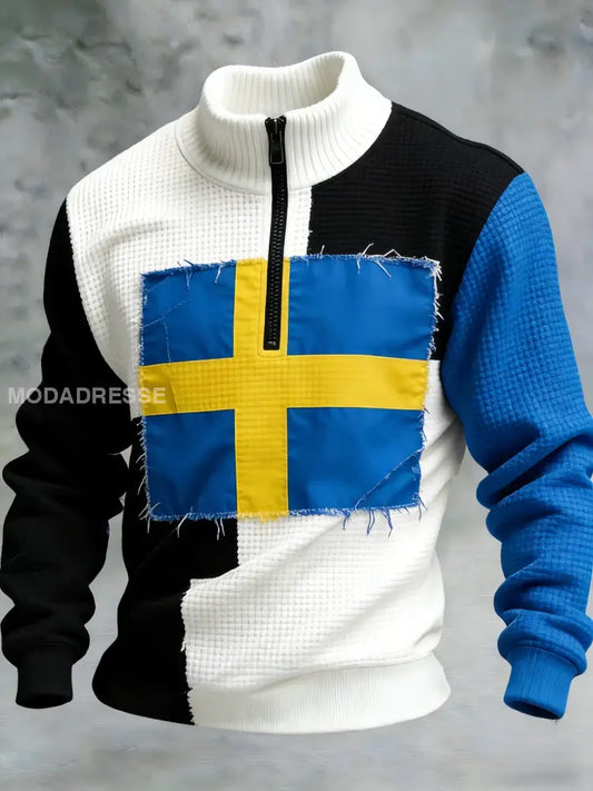 Mäns Retro Svenska flaggbricka Casual Våffle Sweatshirt blå / S