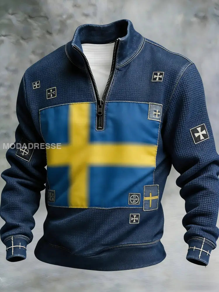 Mäns Retro Svenska flaggbricka Casual Våffle Sweatshirt blå / S