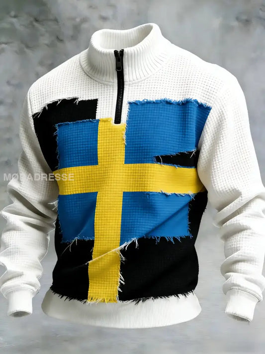Mäns Retro Svenska flaggbricka Casual Våffle Sweatshirt vitt / S