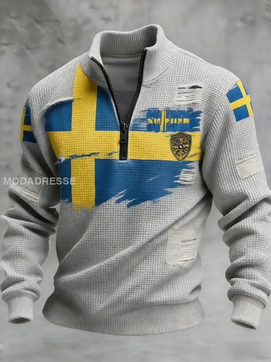 Mäns Retro Svenska flaggbricka Casual Våffle-Weave Sweatshirt grå / S
