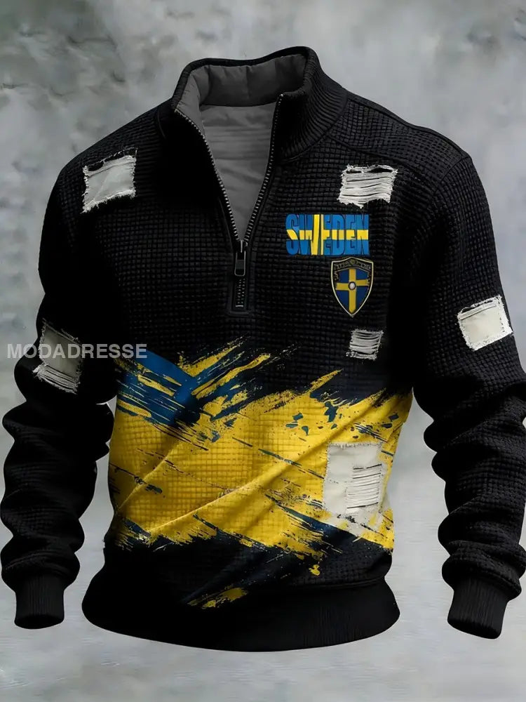 Mäns Retro Svenska flaggbricka Casual Våffle-Weave Sweatshirt svart / S