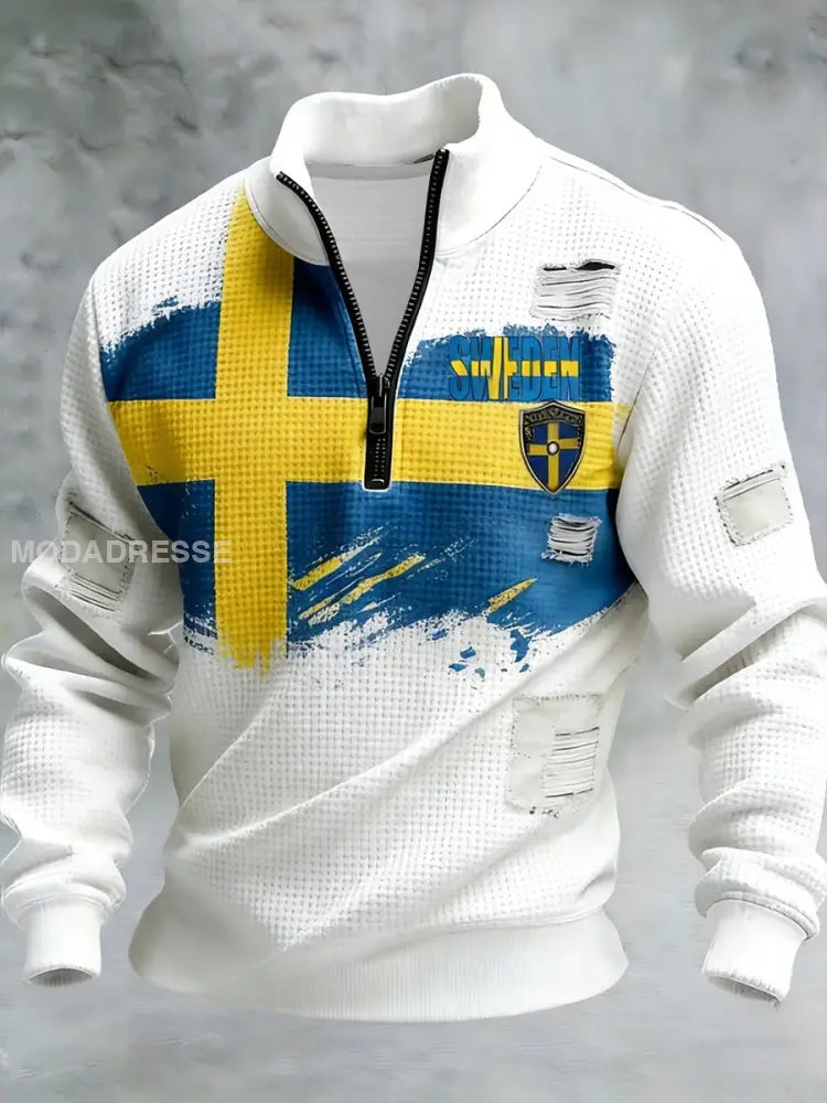 Mäns Retro Svenska flaggbricka Casual Våffle-Weave Sweatshirt vitt / S