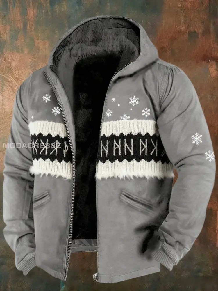 Mäns Retro Viking Celtic Knot Snowflake Gradient Skriv Casual Zip-Up Fleece Hooded Jacka grå / S