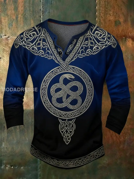 Mäns Retro viking keltisk knop gradient Skriv ut Casual Lång ärmknapp-Ned-t-shirt blå sjöfart / S