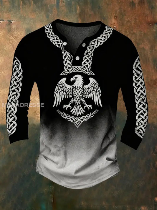 Mäns Retro viking keltisk knop Örn gradient Skriv ut Casual lång ärmknapp ner T-shirt svart / S