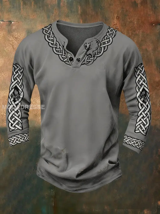 Mäns Retro Viking keltisk knop Skriv ut Casual Lång ärmknapp ner T-shirt grå / S