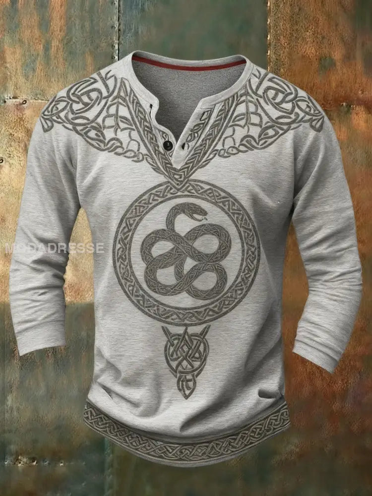 Mäns Retro Viking keltisk knop Skriv ut Casual Lång ärmknapp ner T-shirt grå / S