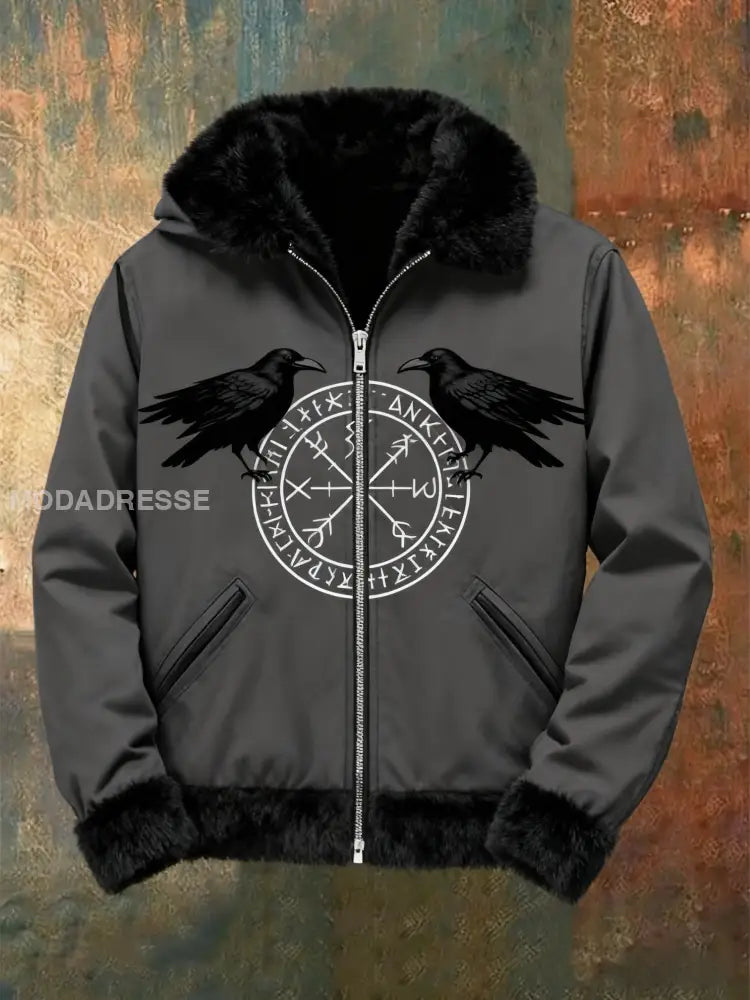 Mäns Retro Viking Raven Rune Skriv ut Casual Zip-Up Fleece Hooded Jacka grå / S