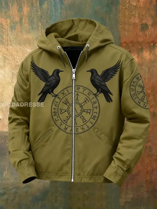 Mäns Retro Viking Raven Rune Skriv ut Casual Zip-Up Fleece Hooded Jacka grönt / S