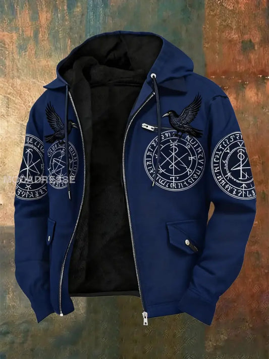 Mäns Retro Viking Raven Rune Skriv ut Casual Zip-Up Fleece Hooded Jacka mörk blå / S