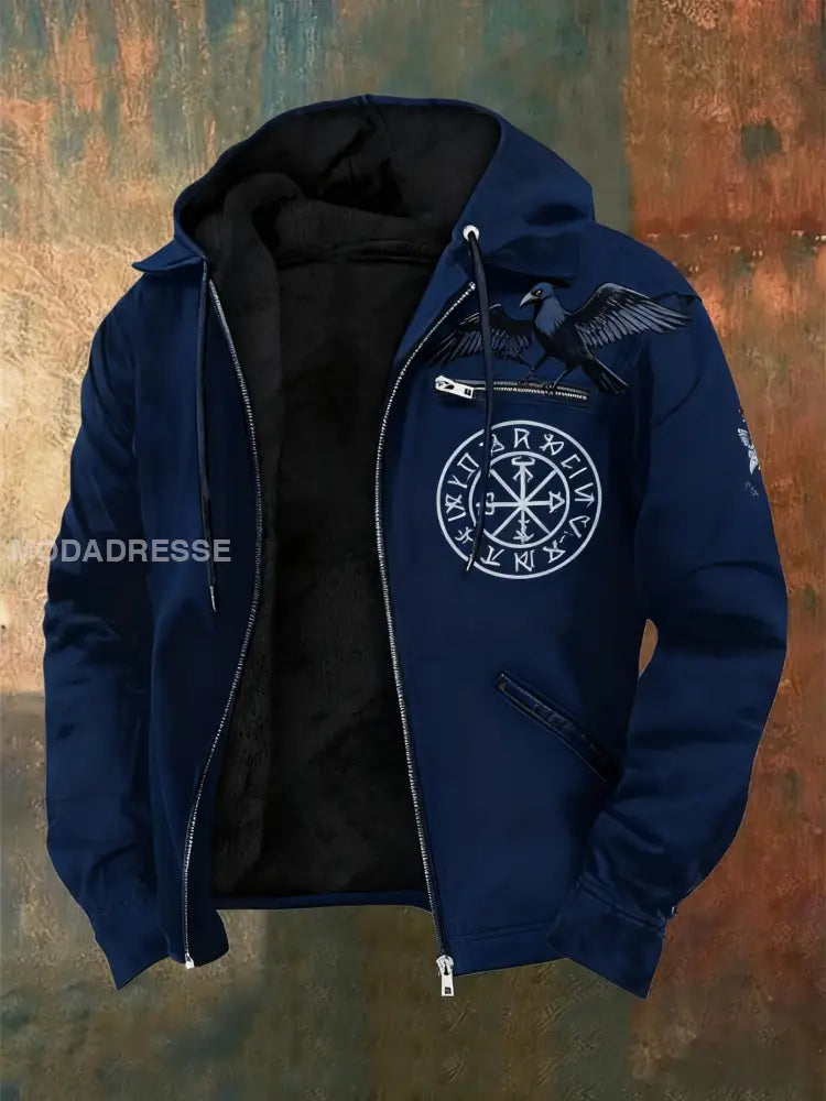 Mäns Retro Viking Raven Rune Skriv ut Casual Zip-Up Fleece Hooded Jacka mörk blå / S