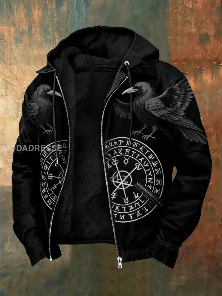 Mäns Retro Viking Raven Rune Skriv ut Casual Zip-Up Fleece Hooded Jacka svart / S