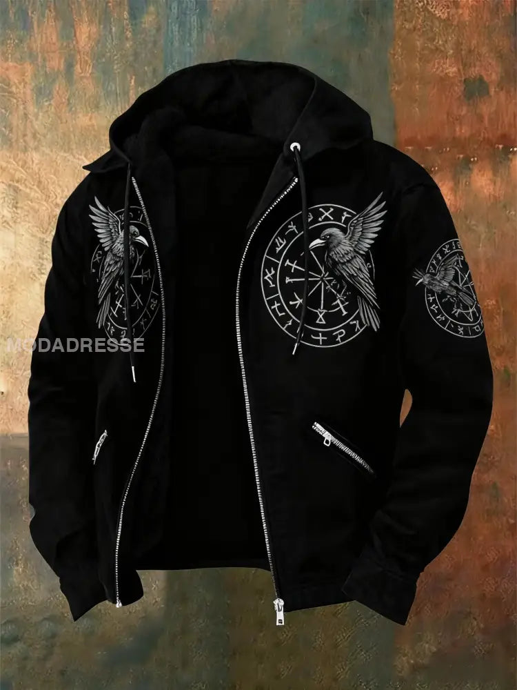 Mäns Retro Viking Raven Rune Skriv ut Casual Zip-Up Fleece Hooded Jacka svart / S