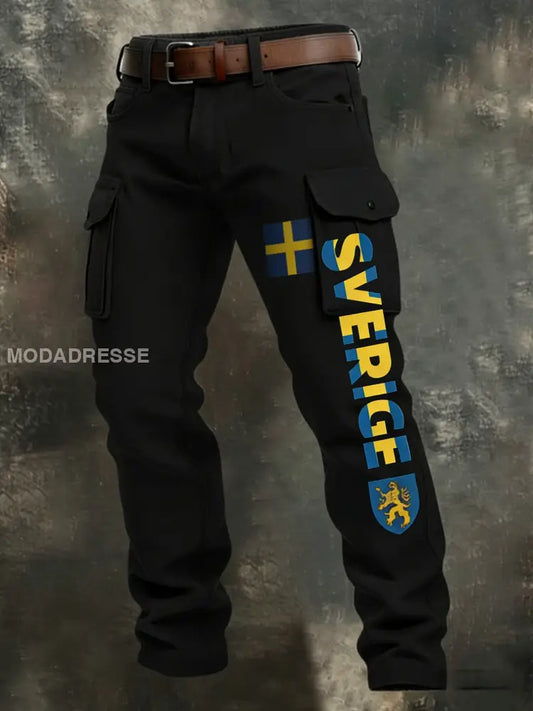 Mäns Retro Viking Svenska flaggmärke Business Style Casual Work Byxor svart / S