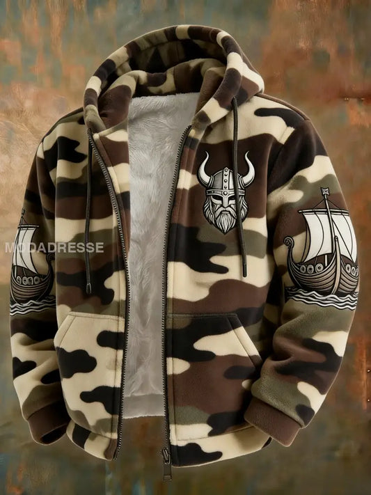Mäns Retro Viking Svenska Veteran Keltisk Knop Camo Flannel blixtlås huvad jacka grönt / S