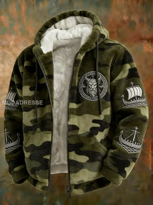 Mäns Retro Viking Svenska Veteran Keltisk Knop Camo Flannel blixtlås huvad jacka grönt / S