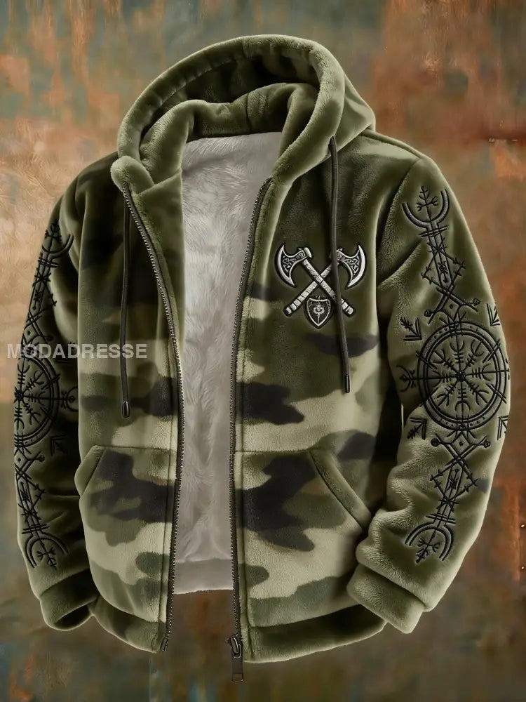 Mäns Retro Viking Svenska Veteran Keltisk Knop Camo Flannel blixtlås huvad jacka grönt / S