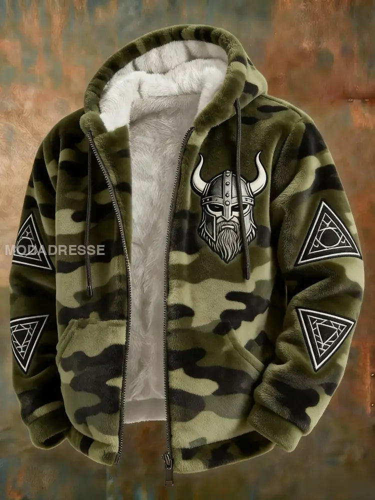 Mäns Retro Viking Svenska Veteran Keltisk Knop Camo Flannel blixtlås huvad jacka grönt / S