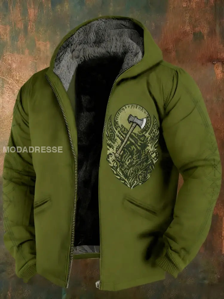 Mäns Retro Viking varg yx Skriv ut Casual Zip-Up Fleece Huvad Jacka grönt / S