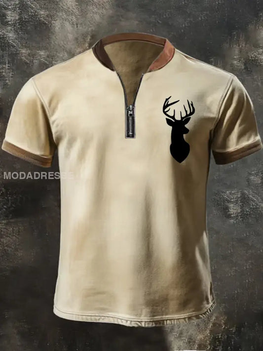Mäns Retro Western Antler Skriv ut Casual blixtlås topp Khaki / S