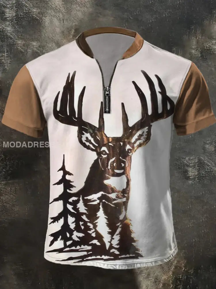Mäns Retro Western Deer Print Casual blixtlås övrev brun / S