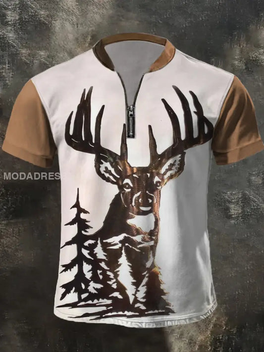 Mäns Retro Western Deer Print Casual blixtlås övrev brun / S