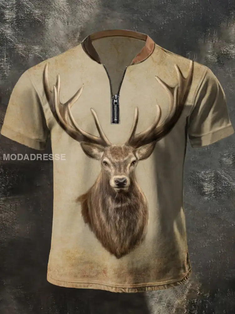 Mäns Retro Western Deer Print Casual blixtlås övrev Khaki / S