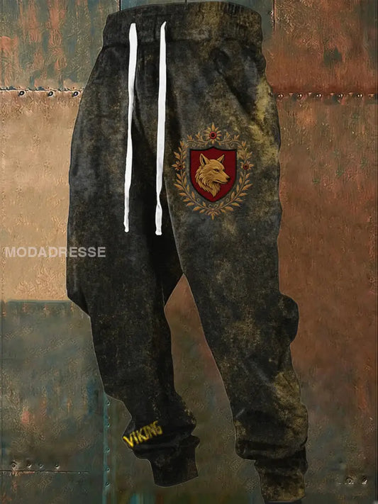 Mäns rika Vintage Varg sköld Emblem dragsträng Joggers flerlog / S