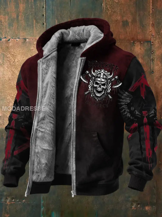 Mäns röd & svart vikinga Berserker Skull Print Fleece fodrad huvad jacka flerlog / S