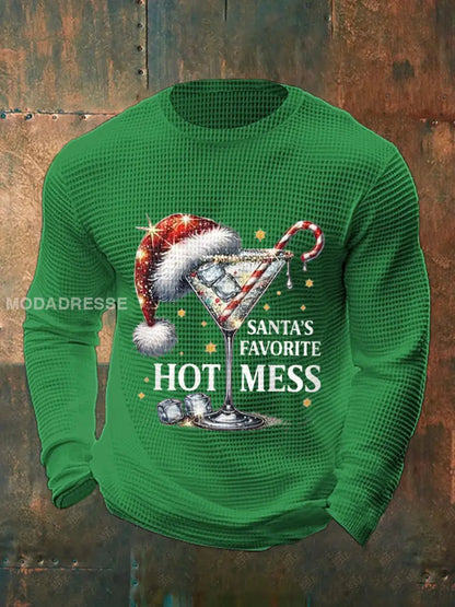 Mäns roliga jul jul tomtens favorit Hot mess Casual våffle lång ärm topp grön / S