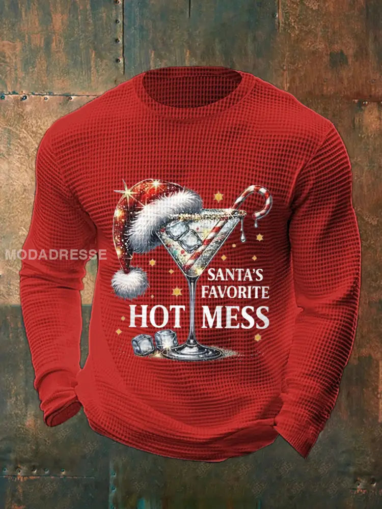 Mäns roliga jul jul tomtens favorit Hot mess Casual våffle lång ärm topp röd / S