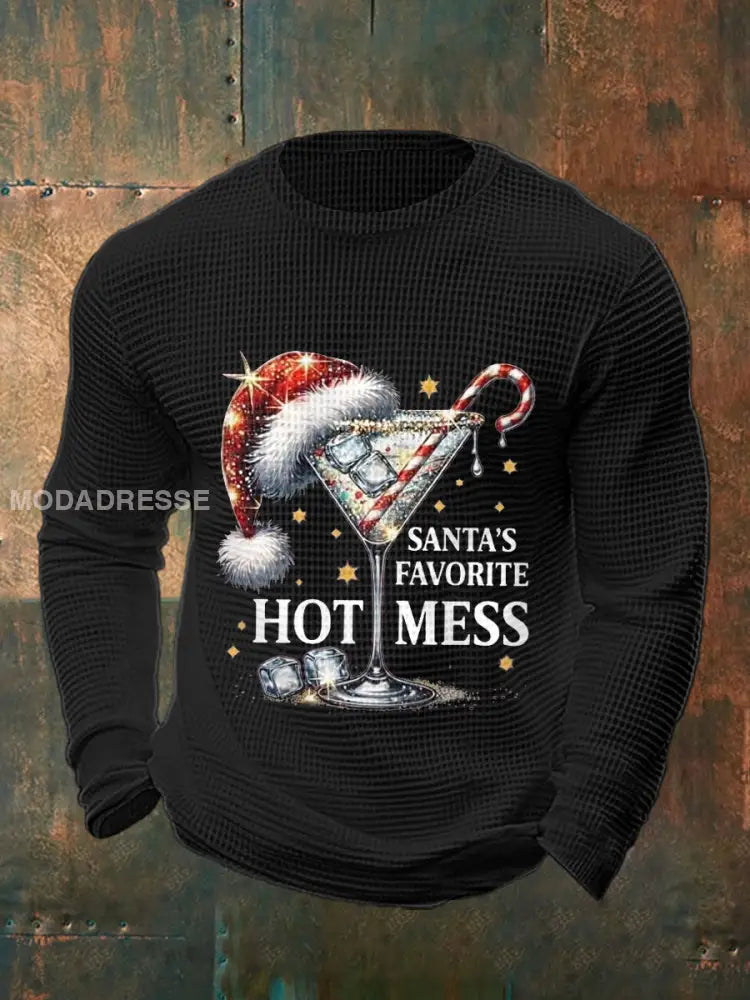 Mäns roliga jul jul tomtens favorit Hot mess Casual våffle lång ärm topp svart / S