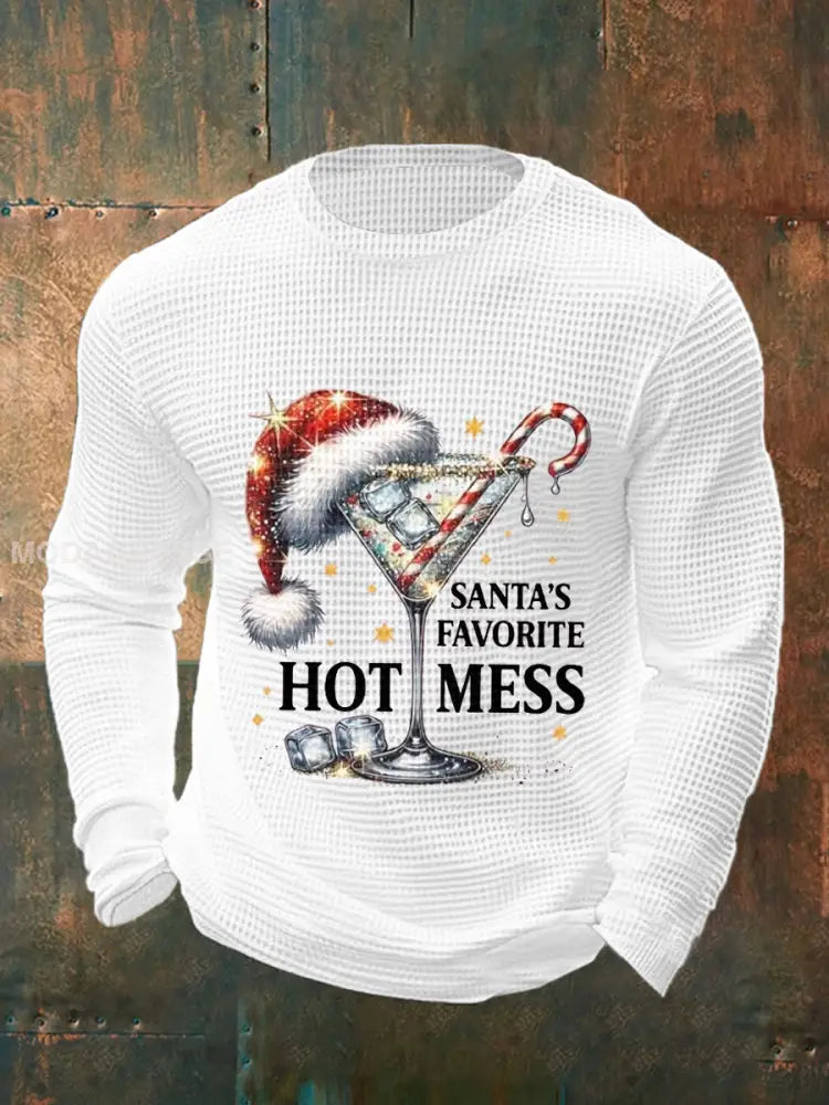 Mäns roliga jul jul tomtens favorit Hot mess Casual våffle lång ärm topp vit / S