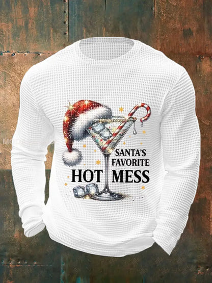 Mäns roliga jul jul tomtens favorit Hot mess Casual våffle lång ärm topp vit / S