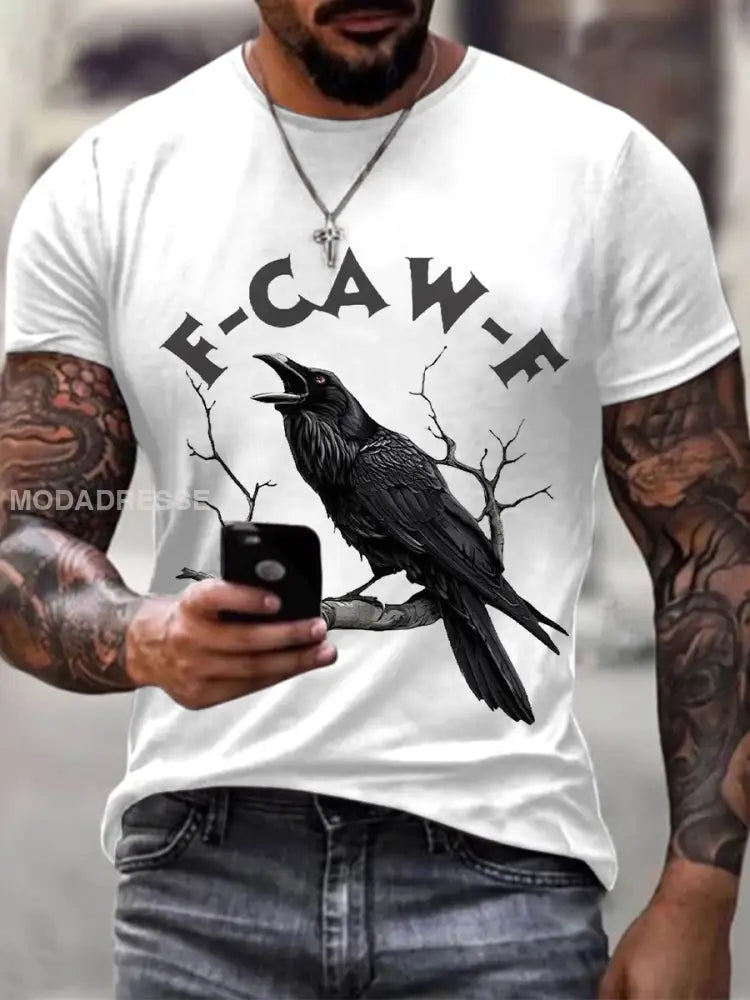 Mäns roliga svarta kråka Print T-shirt vitt / S