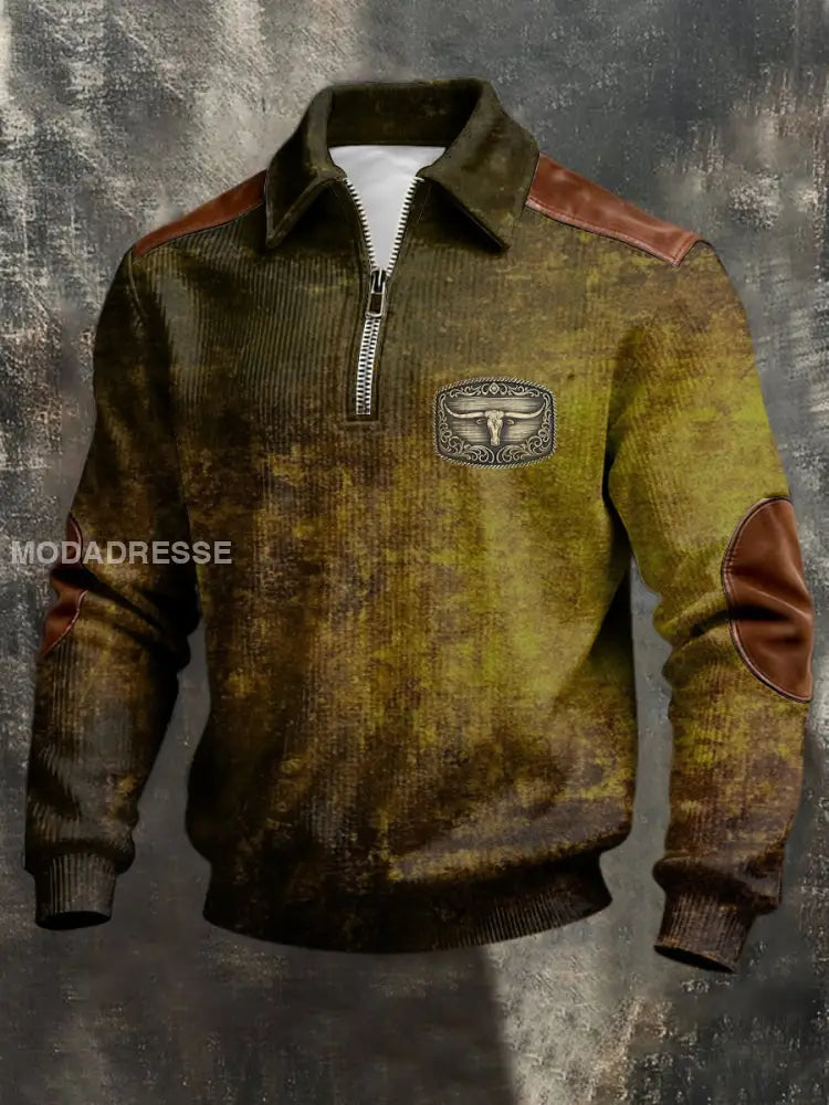 Mäns rustic Olive Bull Emblem stressad tröj flerlog / S
