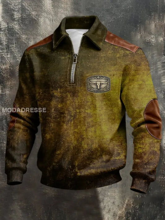 Mäns rustic Olive Bull Emblem stressad tröj flerlog / S