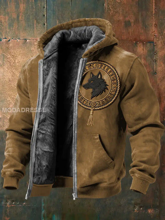 Mäns rustic Tan Varg & Rune Emblem Fleece-lined Jacka flerlog / S