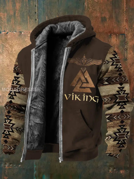 Mäns rustic Viking Valknut Tribal Print Sherpa linned Jacka flerlog / S
