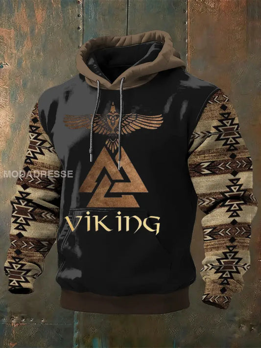 Mäns rustic Viking Valknut & Tribal Tryck Hoodie. flerlog / S