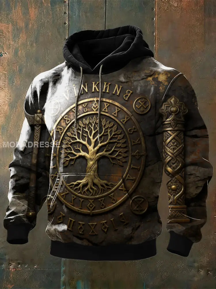Mäns rustic Viking Yggdrasil & Rune Grafisk Hoodie för män flerlog / S