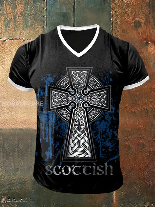 Mäns skotchiska kors tryckt Vintage mode kort ärm V-hals T-shirt S