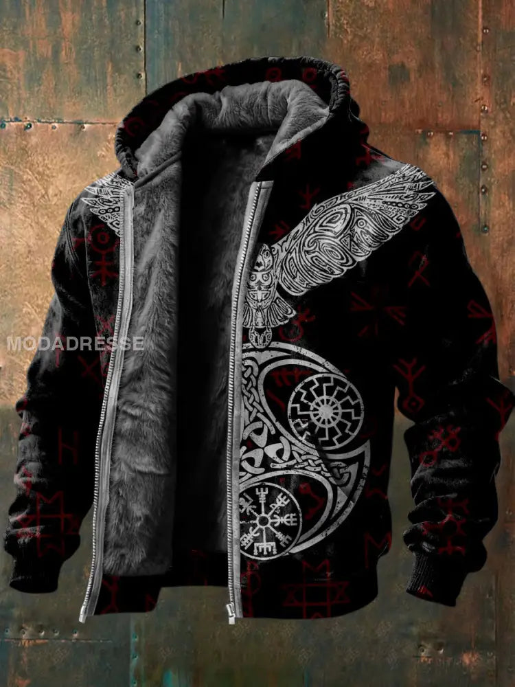 Mäns slående norsk symbol & örn Print Fleece-foed Jacka flerlog / S