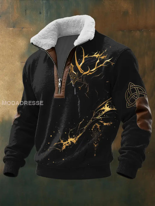 Mäns slående svart guld vikinga Antler Print Fleece-Collar Hoodie flerlog / S