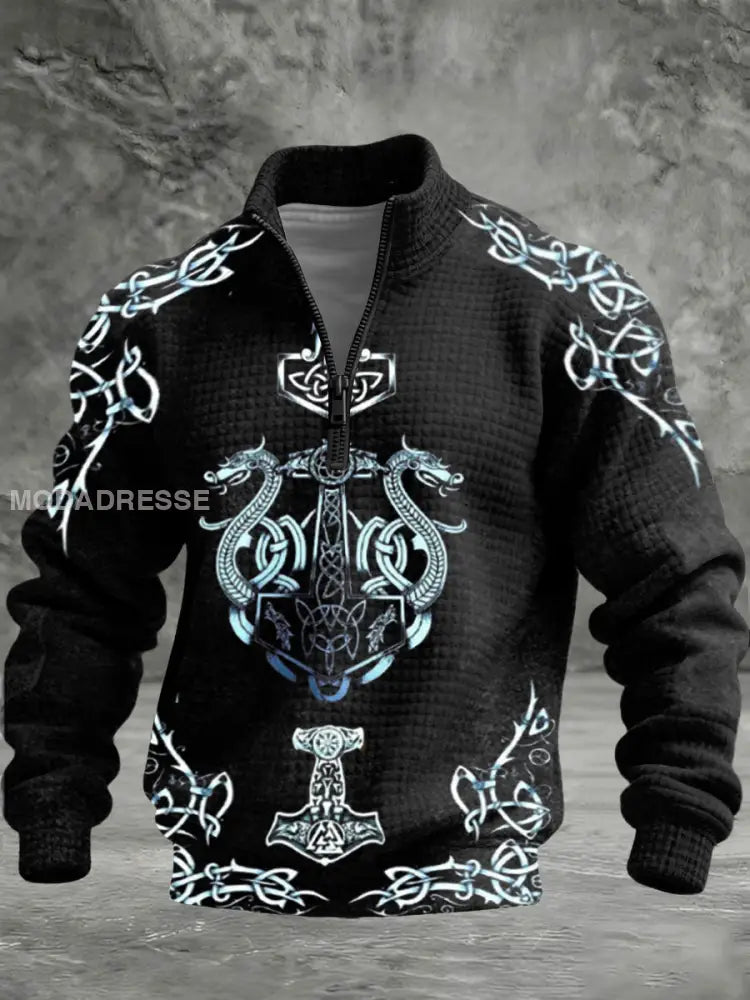 Mäns slående Thors hammare drake utskrift svart kviltad halv-Zip Hoodie flerlog / S